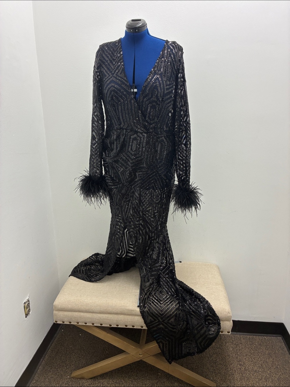 Fashion Nova Ivanka Black Sequin Feather Cuff Maxi Dress